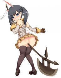Rule 34 | 1girl, animal ears, anus, artist request, ass, axe, battle axe, between legs, black hair, blue eyes, blush, rabbit ears, elin, from behind, halberd, highres, looking at viewer, looking back, no panties, pleated skirt, polearm, pussy, pussy juice, skirt, solo, spikes, tera online, thighhighs, twintails, uncensored, weapon, yellow skirt