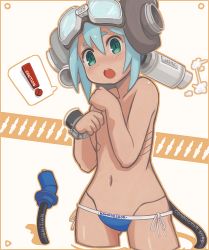 Rule 34 | !, 1girl, bad id, bad pixiv id, bikini, blue bikini, blue hair, blush, cable, cable tail, covering privates, covering breasts, english text, engrish text, green eyes, mawaru (mawaru), mechanical tail, open mouth, original, outline, panties, ranguage, ringed eyes, short hair, side-tie bikini bottom, side-tie panties, solo, swimsuit, tail, topless, underwear