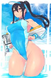 Rule 34 | 1girl, adjusting clothes, adjusting swimsuit, black hair, blue one-piece swimsuit, blue sky, breasts, clipboard, cloud, competition swimsuit, cowboy shot, day, frontal wedgie, goggles, goggles around neck, highleg, highleg swimsuit, highres, id card, jacket, large breasts, long hair, looking at viewer, one-piece swimsuit, open clothes, open jacket, original, panzer (p.z), ponytail, sky, solo, sun, sweat, swimsuit, visor cap, wedgie, whistle, white jacket