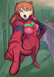 Rule 34 | 1girl, :o, blue eyes, bodysuit, breasts, brown hair, foreshortening, full body, hand on own hip, highres, index finger raised, long hair, looking at viewer, medium breasts, neon genesis evangelion, open mouth, plugsuit, red bodysuit, shiny clothes, simple background, skin tight, sky, smile, souryuu asuka langley, standing, tsundere, wide hips, zestysauce