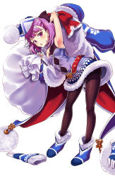 Rule 34 | 1girl, ankle boots, arm up, armpits, belt, black pantyhose, black ribbon, blue dress, blue footwear, blue hat, blue santa costume, blush, boots, boshi (a-ieba), breasts, carrying over shoulder, coat, commentary, dress, fate/grand order, fate/grand order arcade, fate (series), fur-trimmed boots, fur-trimmed dress, fur coat, fur trim, hair ribbon, halterneck, hat, helena blavatsky (christmas) (fate), helena blavatsky (fate), highres, holding, holding sack, leaning forward, looking at viewer, off shoulder, open mouth, oversized object, pantyhose, purple eyes, purple hair, red belt, ribbon, sack, santa costume, santa hat, short dress, short hair, simple background, sleeveless, sleeveless dress, small breasts, snowflake print, solo, standing, sweat, white background