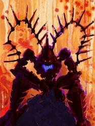 Rule 34 | absurdres, avak (bionicle), backlighting, bionicle, clenched teeth, cmccillustr8, glowing, glowing eyes, highres, leaning forward, looking at viewer, orange background, red eyes, sharp teeth, sitting, solo, straight-on, teeth, the lego group