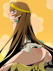 Rule 34 | 1girl, aoi nagisa (metalder), ass, belt, blush, boots, brown eyes, brown hair, cape, chunsoft, circlet, cosplay, dragon quest, dragon quest iii, dress, enix, from behind, heartcatch precure!, highres, jewelry, knee boots, kneeling, legs, long hair, looking back, myoudouin itsuki, no panties, precure, sage (dq3), sage (dq3) (cosplay), short dress, solo, sweat, tears, very long hair