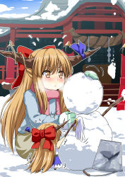 Rule 34 | 1girl, :&lt;, alternate costume, blush, bow, breath, brown eyes, bucket, chibi, cold, commentary request, day, flying sweatdrops, gloves, hair bow, horn ornament, horn ribbon, horns, ibuki suika, kneeling, light brown hair, long hair, mittens, outdoors, red bow, ribbon, rope, scarf, shimenawa, shrine, snow, snowman, solo, squatting, touhou, umarutsufuri, very long hair, white gloves, winter, winter clothes