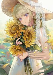 Rule 34 | 1girl, blonde hair, blue eyes, brown hat, commentary request, dress, eyelashes, flower, hat, hat ribbon, holding, holding flower, kinokohime, long hair, long sleeves, looking away, original, parted lips, petals, ribbon, see-through, see-through sleeves, solo, sun hat, sunflower, white dress, white ribbon, wind, yellow flower
