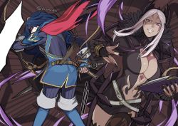 Rule 34 | aversa (fire emblem), book, boots, breasts, fighting, fire emblem, fire emblem awakening, hiomaika, holding, holding book, holding sword, holding weapon, large breasts, leather belt, leather strap, looking at viewer, lucina (fire emblem), navel, nintendo, open mouth, parted bangs, sword, thigh boots, upper body, weapon