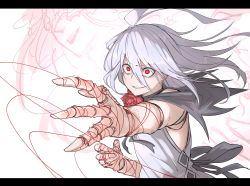 Rule 34 | 1girl, absurdres, antenna hair, character request, doll joints, floating hair, grey hair, hair between eyes, highres, joints, kankan33333, letterboxed, long hair, neck flower, reaching, reaching towards viewer, red eyes, shingeki no bahamut, shirt, smile, solo, string, string of fate, white shirt, wide-eyed