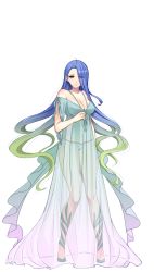 Rule 34 | 1girl, bare shoulders, breasts, cleavage, dress, full body, game cg, hair over one eye, large breasts, legs, long hair, looking at viewer, multicolored hair, navel, ondine la f&eacute;e des eaux, red eyes, sagara riri, see-through, simple background, solo, standing, thighs, thong, tokeidai no jeanne: jeanne &agrave; la tour d&#039;horloge, wavy hair, white background