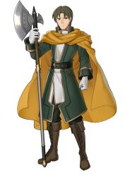 Rule 34 | absurdres, axe, boots, brighton (fire emblem), brown eyes, brown footwear, brown hair, cape, clenched hand, coat, ebinku, fire emblem, fire emblem: thracia 776, gloves, green coat, highres, holding, holding axe, holding weapon, looking at viewer, nintendo, short hair, weapon, white gloves, yellow cape