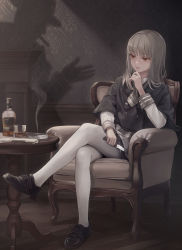 Rule 34 | 1girl, absurdres, alcohol, armchair, ashtray, black footwear, black jacket, bottle, chair, cigarette, commentary request, cropped jacket, cup, drinking glass, full body, grey hair, grey necktie, grey skirt, hand on own chin, highres, holding, holding knife, holding weapon, indoors, jacket, knife, layered sleeves, long hair, long sleeves, necktie, original, pantyhose, parted lips, plaid necktie, red eyes, shadow, short necktie, short over long sleeves, short sleeves, sitting, skirt, smile, solo, stroking own chin, sugai (4ugaii), table, weapon, whiskey, white pantyhose