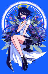 Rule 34 | 1girl, between legs, black footwear, black hair, black shorts, black skirt, blue background, blue eyes, blue flower, blue theme, boots, bow, bush, circle, covering own mouth, cross-laced clothes, cross-laced footwear, cross-laced skirt, flat chest, floating, flower, full body, hair over one eye, halo, hand between legs, high collar, highres, invisible chair, kaneni, knees up, lace-up boots, leaf, legs together, long skirt, looking at viewer, mole, mole under eye, original, parted bangs, plant, purple flower, shirt, shoes, short hair, short hair with long locks, short sleeves, shorts, sidelocks, simple background, sitting, skirt, solo, white shirt, yellow bow, yellow halo