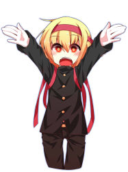 Rule 34 | 1girl, adapted costume, blonde hair, cropped legs, hair ribbon, incoming hug, looking at viewer, open mouth, ouendan, outstretched arms, pants, red eyes, ribbon, rumia, school uniform, shamo (koumakantv), shirt, simple background, solo, touhou, white background