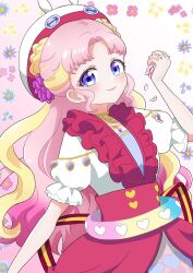 Rule 34 | 1girl, blonde hair, chii (chi pppuri), closed mouth, commentary request, cowboy shot, flower, hair flaps, hand up, highres, holding, holding flower, long hair, looking at viewer, multicolored hair, parted bangs, patano (pretty series), pink background, pink flower, pink hair, pretty series, puffy short sleeves, puffy sleeves, purple eyes, red skirt, shirt, short sleeves, sidelocks, skirt, smile, solo, standing, streaked hair, very long hair, waccha primagi!, wavy hair, white shirt