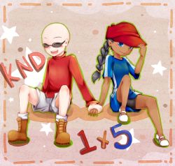 Rule 34 | 1boy, 1girl, numbuh 5, bald, bike shorts, black hair, blush, boots, braid, braided ponytail, cartoon network, child, codename: kids next door, couple, dark-skinned female, dark skin, facing viewer, full body, green outline, hat, holding hands, knee up, long hair, numbuh 1, open mouth, outline, red sweater, shorts, sitting, smile, star (symbol), sunglasses, sweater, white footwear