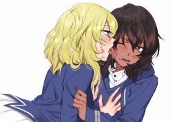 Rule 34 | 10s, 2girls, andou (girls und panzer), bad id, bad twitter id, bc freedom military uniform, black hair, blonde hair, blue eyes, blue jacket, blue vest, brown eyes, commentary, dark-skinned female, dark skin, dirty, dirty face, dress shirt, fang, frown, girls und panzer, girls und panzer saishuushou, hands on another&#039;s chest, high collar, jacket, leaning forward, licking, licking another&#039;s face, long sleeves, looking at another, medium hair, messy hair, military, military uniform, multiple girls, open mouth, oshida (girls und panzer), pleated skirt, saliva, shirt, shutou mq, skirt, sweat, uniform, vest, white shirt, white skirt, yuri