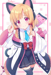 Rule 34 | 1girl, animal ear headphones, animal ears, black skirt, black thighhighs, blonde hair, blue archive, blue necktie, blush, bow, cat ears, closed mouth, collared shirt, commentary, fake animal ears, feet out of frame, hair bow, hands up, headphones, highres, jacket, long sleeves, looking at viewer, momoi (blue archive), necktie, pink eyes, pleated skirt, red bow, shirt, short hair, skirt, sleeves past wrists, solo, thighhighs, white jacket, white shirt, wide sleeves, x-6