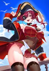 1girl :d armpits arrow_through_heart artist_name ascot bicorne black_coat black_thighhighs breasts brown_eyes cleavage clip_studio_paint_(medium) coat commentary covered_navel day drowsenss english_commentary eyepatch hat highres hololive houshou_marine houshou_marine_(1st_costume) jacket large_breasts leotard leotard_under_clothes looking_at_viewer making-of_available microskirt open_mouth outdoors pirate_hat purple_hair red_ascot red_jacket red_skirt see-through_cleavage see-through_clothes see-through_leotard skirt sleeveless sleeveless_jacket smile solo teeth thighhighs twintails virtual_youtuber