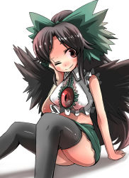 Rule 34 | 1girl, adapted costume, arm support, ass, black thighhighs, brown hair, female focus, gaoo (frpjx283), midriff, one eye closed, ponytail, reiuji utsuho, sitting, skirt, smile, solo, thighhighs, touhou, white background, wings, wink