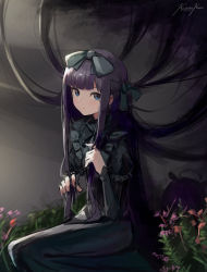 Rule 34 | 1girl, black dress, blue eyes, blunt bangs, bow, closed mouth, creature, dated, dress, eyebrows hidden by hair, gothic lolita, green bow, hair bow, highres, hololive, hololive english, lolita fashion, long hair, long sleeves, looking at viewer, ninomae ina&#039;nis, plant, punished pigeon, purple hair, sidelocks, signature, sitting, solo focus, takodachi (ninomae ina&#039;nis), very long hair, virtual youtuber