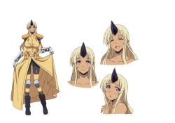 Rule 34 | 10s, 1girl, ^ ^, belt pouch, blonde hair, blush, boots, breasts, character sheet, closed eyes, collarbone, concept art, dark-skinned female, dark skin, elbow pads, expressions, facial expressions, fang, female focus, full body, gauntlets, highres, horns, knee pads, large breasts, long hair, monster girl, monster musume no iru nichijou, multiple views, official art, ogre, pointy ears, pouch, red eyes, shoulder pads, simple background, single horn, smile, tionishia, uniform, white background