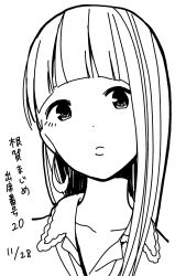 Rule 34 | 1girl, blunt bangs, closed mouth, collarbone, collared shirt, commentary request, dated, dot nose, earrings, expressionless, grey background, greyscale, highres, hitoribocchi no marumaru seikatsu, hoop earrings, jewelry, katsuwo (cr66g), lips, long hair, looking at viewer, monochrome, nega majime, portrait, shirt, simple background, solo, translation request