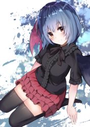 Rule 34 | 1girl, absurdres, alternate costume, arm support, bat wings, black neckwear, black ribbon, black shirt, black thighhighs, blue hair, blush, breasts, commentary request, feet, frilled shirt collar, frills, from above, full body, garaudon, head tilt, highres, kneeling, layered skirt, looking at viewer, medium breasts, no headwear, parted lips, pleated skirt, red eyes, red skirt, remilia scarlet, ribbon, seiza, shirt, short hair, short sleeves, sitting, skirt, smile, solo, thighhighs, thighs, touhou, white background, wings, zettai ryouiki