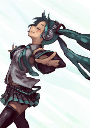 Rule 34 | 1girl, aqua hair, bad id, bad pixiv id, closed eyes, detached sleeves, female focus, gradient background, hatsune miku, headphones, long hair, navel, necktie, outstretched arms, skirt, smile, solo, suzuno (bookshelf), thighhighs, twintails, vocaloid, zettai ryouiki