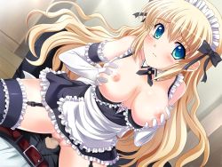 Rule 34 | 1boy, 1girl, artist request, belt, blonde hair, blue eyes, blush, breast hold, breasts, breasts out, censored, clitoris, clothed sex, cowgirl position, eyebrows, game cg, girl on top, hetero, highres, long hair, looking at viewer, lying, maid, nipples, no panties, penis, pov, pussy, sex, sitting, sitting on person, solo focus, straddling, tears, third-party edit, uncensored, vaginal