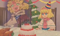 Rule 34 | 2girls, alice margatroid, aura, blonde hair, blue dress, blue eyes, blue headwear, brown shirt, cake, capelet, chair, christmas, christmas cake, christmas tree, commentary request, crying, crying with eyes open, dress, false smile, food, fork, garland (decoration), green eyes, hat, highres, indoors, jean (jean sp), lonely, medium bangs, mizuhashi parsee, multiple girls, open mouth, parted lips, party hat, pink scarf, plate, pointy ears, red headwear, scarf, shirt, short bangs, short hair, smile, striped clothes, striped headwear, table, tears, touhou, turkey (food), upper body, white capelet, white scarf, yellow headwear