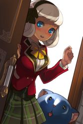 Rule 34 | 1girl, blazer, blue eyes, blunt bangs, blush, bow, cat, dress shirt, hairband, jacket, lowres, new cook club student, open mouth, plaid, plaid skirt, pleated skirt, shirt, short hair, skirt, solo, sword girls, white hair