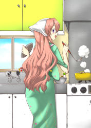 Rule 34 | 00s, 1girl, apron, blush, cooking, from behind, glasses, head scarf, highres, housewife, japanese clothes, kimono, kitchen, ladle, long hair, looking back, lucky star, open mouth, pink hair, purple eyes, smile, solo, steam, stove, takara miyuki, tenugui, window, y-square
