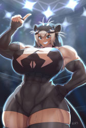 Rule 34 | 1girl, abs, alternate body size, alternate breast size, animal ears, breasts, elbow gloves, fingerless gloves, giant otter (kemono friends), gloves, grin, highres, huge breasts, kemono friends, multicolored hair, muscular, muscular female, naochi (bobi8081), one-piece swimsuit, otter ears, otter girl, otter tail, sharp teeth, skin tight, smile, solo, swimsuit, tail, tan, teeth, thick thighs, thighs, two-tone hair, two-tone swimsuit, wrestling outfit