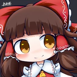 Rule 34 | 1girl, ascot, bad id, bad twitter id, blunt bangs, blush, bow, brown hair, chibi, detached sleeves, facing viewer, hair bow, hair tubes, hakurei reimu, inunoko., japanese clothes, long hair, looking to the side, miko, signature, smile, solo, touhou, yellow eyes