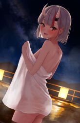 1girl absurdres back_tattoo blunt_bangs blunt_ends blush bob_cut breasts center-flap_bangs commentary_request dutch_angle grey_hair hair_between_horns highres hololive horns kakinotane_e looking_at_viewer multicolored_hair naked_towel nakiri_ayame night night_sky official_alternate_hair_length official_alternate_hairstyle oni onsen open_mouth outdoors red_eyes red_hair short_hair skin-covered_horns sky small_breasts solo steam streaked_hair tattoo towel two-tone_hair virtual_youtuber wading