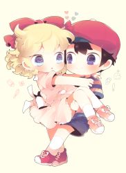 Rule 34 | 1boy, 1girl, bad id, bad tumblr id, baseball cap, blonde hair, blue eyes, blush, bow, brown hair, carrying, chibi, dress, eye contact, full body, hair bow, half updo, hat, heart, kyou (nekoneko), looking at another, mother (game), mother 2, ness (mother 2), nintendo, paula (mother 2), pink dress, princess carry, purple eyes, red bow, shirt, short sleeves, shorts, simple background, smile, socks, sparkling eyes, striped clothes, striped shirt, white legwear, yellow background