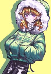 Rule 34 | 1girl, :3, absurdres, animal print, black pants, closed mouth, cowboy shot, drop shadow, dutch angle, frog print, fur-trimmed hood, fur trim, green jacket, hair flaps, hands in pockets, highres, hololive, hololive english, hood, hood up, hooded jacket, jacket, leaning back, leather, leather pants, long hair, looking at viewer, orange hair, pants, parka, pungson mori, purple eyes, simple background, smile, solo, takanashi kiara, virtual youtuber, yellow background