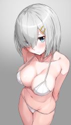 Rule 34 | 1girl, arms behind back, bikini, blue eyes, blush, breasts, cleavage, closed mouth, collarbone, cowboy shot, eyes visible through hair, foreshortening, from above, gradient background, grey background, hair ornament, hair over one eye, hairclip, halterneck, hamakaze (kancolle), highres, kantai collection, large breasts, looking at viewer, navel, short hair, silver hair, simple background, solo, string bikini, swimsuit, takanashi kei (hitsujikan), white bikini