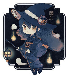 Rule 34 | 1girl, animal print, artist name, ayu (mog), bat print, black footwear, black hair, boots, border, brown eyes, chibi, chibi only, full body, ghost, hair between eyes, hat, holding, holding lantern, japanese clothes, kimono, lantern, long hair, long sleeves, looking at viewer, open mouth, original, solo, translation request, white border, wide sleeves, witch hat
