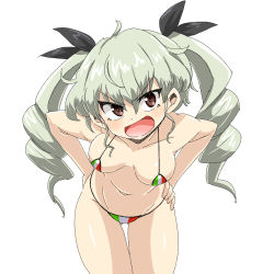 Rule 34 | 10s, 1girl, anchovy (girls und panzer), annoyed, anchovy (girls und panzer), aono3, bikini, breasts, cowboy shot, drill hair, girls und panzer, green hair, hair ribbon, hands on own hips, highres, italian flag, italian flag bikini, long hair, looking at viewer, medium breasts, micro bikini, open mouth, print bikini, red eyes, ribbon, sideboob, simple background, smile, solo, standing, swimsuit, twin drills, twintails, white background