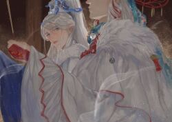 Rule 34 | 2boys, blue eyes, chinese clothes, chinese commentary, commentary request, expressionless, fur trim, hair ornament, hanfu, high ponytail, highres, light blush, light particles, lingzhoubiu, long hair, long sleeves, male focus, multicolored hair, multiple boys, night, parted lips, pili budaixi, pillar, pink lips, red hair, robe, solo focus, streaked hair, teeth, thick eyebrows, upper body, white hair, white robe, white sleeves, wide sleeves