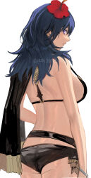 Rule 34 | 1girl, ass, bikini, black bikini, blue hair, breasts, byleth (female) (fire emblem), byleth (female) (summer) (fire emblem), byleth (fire emblem), capelet, closed mouth, cowboy shot, fire emblem, fire emblem: three houses, fire emblem heroes, flower, hair flower, hair ornament, hibiscus, highres, long hair, looking at viewer, looking back, medium breasts, nintendo, official alternate costume, purple eyes, red flower, sideboob, simple background, solo, strap gap, swimsuit, ushiomi, white background