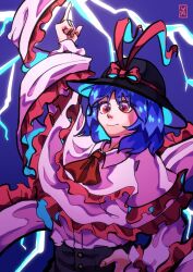 Rule 34 | 1girl, arm up, ascot, black hat, black skirt, blue hair, bow, capelet, closed mouth, collared capelet, commentary request, electricity, electrokinesis, frilled capelet, frilled shawl, frills, hagoromo, hand on own hip, hat, hat bow, hat ribbon, layered capelet, long sleeves, looking ahead, medium hair, nagae iku, pink capelet, pink shawl, purple background, red ascot, red bow, red eyes, red ribbon, ribbon, shawl, shirt, signature, skirt, smile, solo, touhou, upper body, waiwa way, white shirt