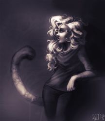 Rule 34 | 1girl, 2012, breasts, clouded-3d, commentary, dark, english commentary, greyscale, kougra, lips, long hair, monochrome, neopets, parted hair, personification, profile, signature, small breasts, solo, standing, tail, white hair