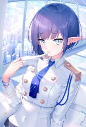 Rule 34 | 1girl, aoi (blue archive), blue archive, blue eyes, blue hair, blue necktie, building, city, commentary request, covered navel, glove in mouth, gloves, halo, highres, indoors, kep (ahokep), long sleeves, looking back, mole, mole under eye, mouth hold, necktie, pointy ears, short hair, upper body, white gloves, white uniform, window
