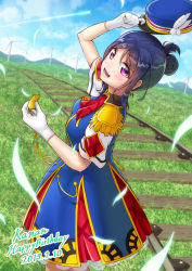 Rule 34 | 1girl, absurdres, alternate hairstyle, arms at sides, artist request, ascot, blue hair, blue hat, collared dress, conductor, dress, earrings, epaulettes, feathers, female focus, from side, gloves, grass, hair bun, hair up, happy party train, hat, hat feather, highres, jewelry, looking at viewer, love live!, love live! sunshine!!, matsuura kanan, open mouth, purple eyes, railroad tracks, red ascot, short sleeves, sidelocks, single hair bun, solo, whistle, white feathers, white gloves