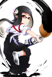 Rule 34 | 1girl, action, black hair, black hakama, black skirt, blunt bangs, closed mouth, from behind, hair ornament, hakama, hakama short skirt, hakama skirt, highres, holding, holding weapon, ink, inkbrush (splatoon), inkling, inkling girl, inkling player character, japanese clothes, leg up, long hair, looking at viewer, looking back, mask, motion blur, nintendo, oversized object, pointy ears, red eyes, shirt, short sleeves, skirt, socks, solo, standing, standing on one leg, takeko spla, tasuki, tentacle hair, weapon, white shirt, white socks