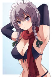 Rule 34 | 1girl, armpits, arms up, blue bra, blue eyes, blue gloves, blue hair, blue panties, bra, elbow gloves, expressionless, gloves, happy ginko, highres, izayoi sakuya, looking at viewer, panties, perfect cherry blossom, red scarf, scarf, solo, stomach, touhou, underwear, white background