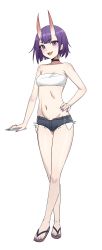 Rule 34 | 1girl, absurdres, bandeau, bare shoulders, bob cut, breasts, choker, collarbone, denim, denim shorts, eyeliner, fangs, fate/grand order, fate (series), fingernails, full body, hand on own hip, highres, horns, kiritzugu, looking at viewer, makeup, micro shorts, nail polish, navel, oni, open mouth, purple eyes, purple hair, purple nails, sharp fingernails, sharp toenails, short hair, shorts, shuten douji (fate), skin-covered horns, small breasts, smile, solo, strapless, toenails, tube top