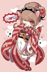 Rule 34 | 1girl, 2016, :d, animal ears, bad id, bad pixiv id, brown hair, cat ears, cat tail, citti (show by rock!!), copyright request, fang, flower, hair flower, hair ornament, heart, japanese clothes, kimono, long sleeves, looking at viewer, mamaloni, obi, one eye closed, open mouth, red eyes, red flower, red footwear, red kimono, sandals, sash, show by rock!!, sleeves past wrists, smile, solo, tail, white legwear