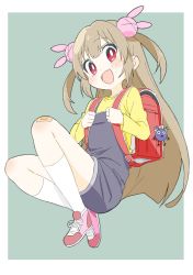 Rule 34 | 1girl, :d, absurdres, alternate costume, backpack, bad id, bad twitter id, bag, bandaid, bandaid on knee, bandaid on leg, blush, rabbit hair ornament, donguri suzume, fang, green background, hair ornament, highres, light brown hair, long hair, long sleeves, looking at viewer, natori sana, open mouth, overalls, randoseru, red eyes, red footwear, sana channel, shirt, shoes, simple background, smile, socks, solo, two side up, virtual youtuber, white socks, yellow shirt, aged down